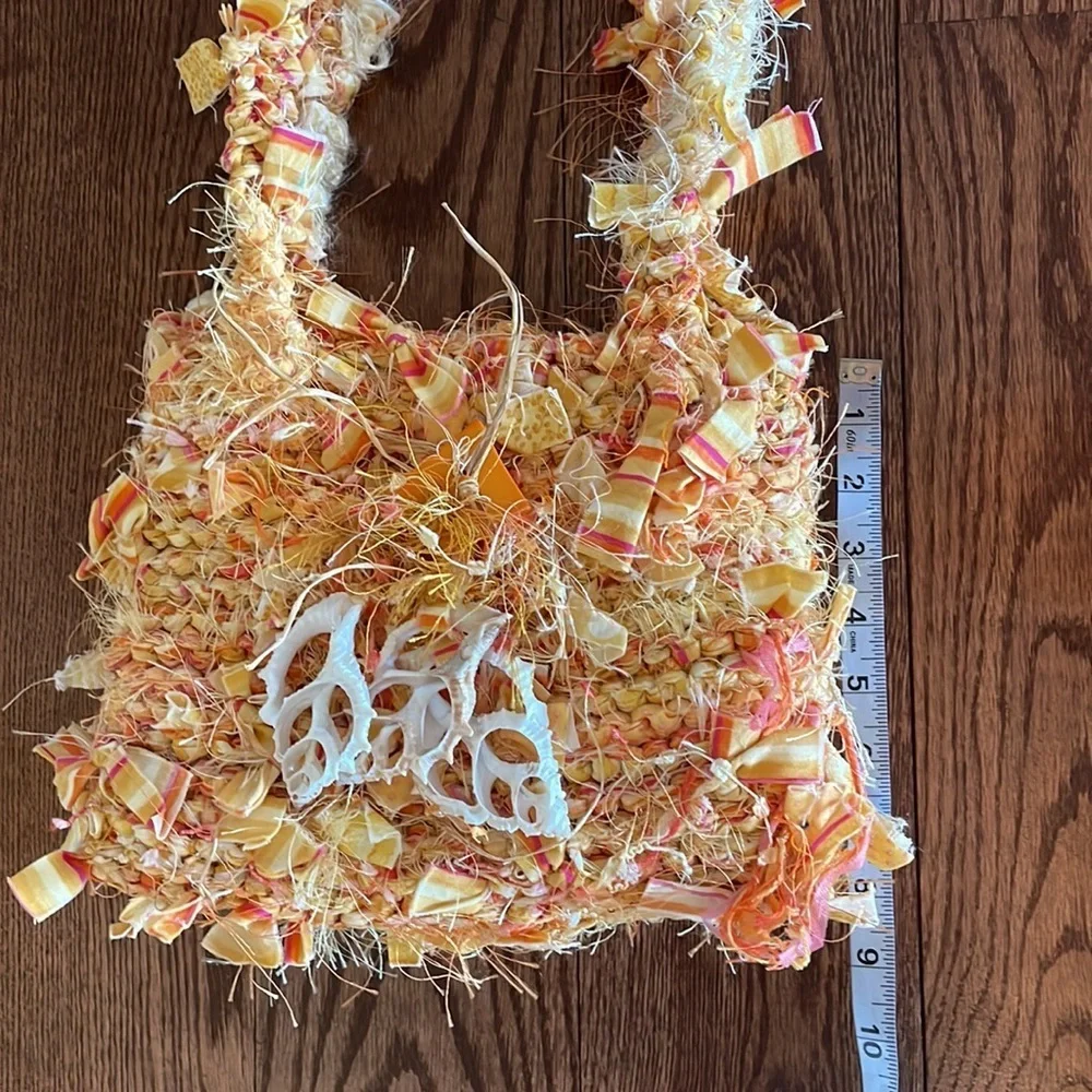 UNIQUE HANDMADE boho chunky Rag Knitted yellow shoulder bag genuine shells